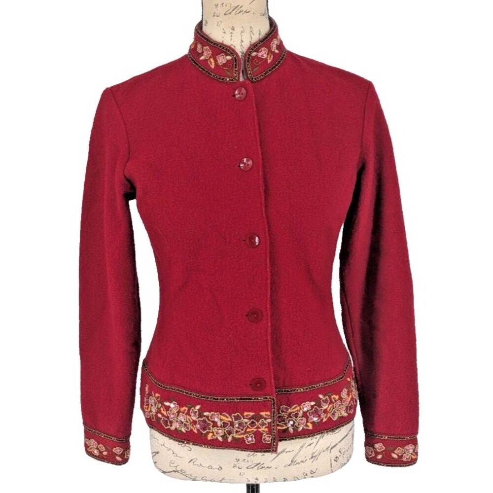 TALBOTS PETITES SZ SMp Red Wool Blazer Embellished Collar Cuffs Hemline Luxury